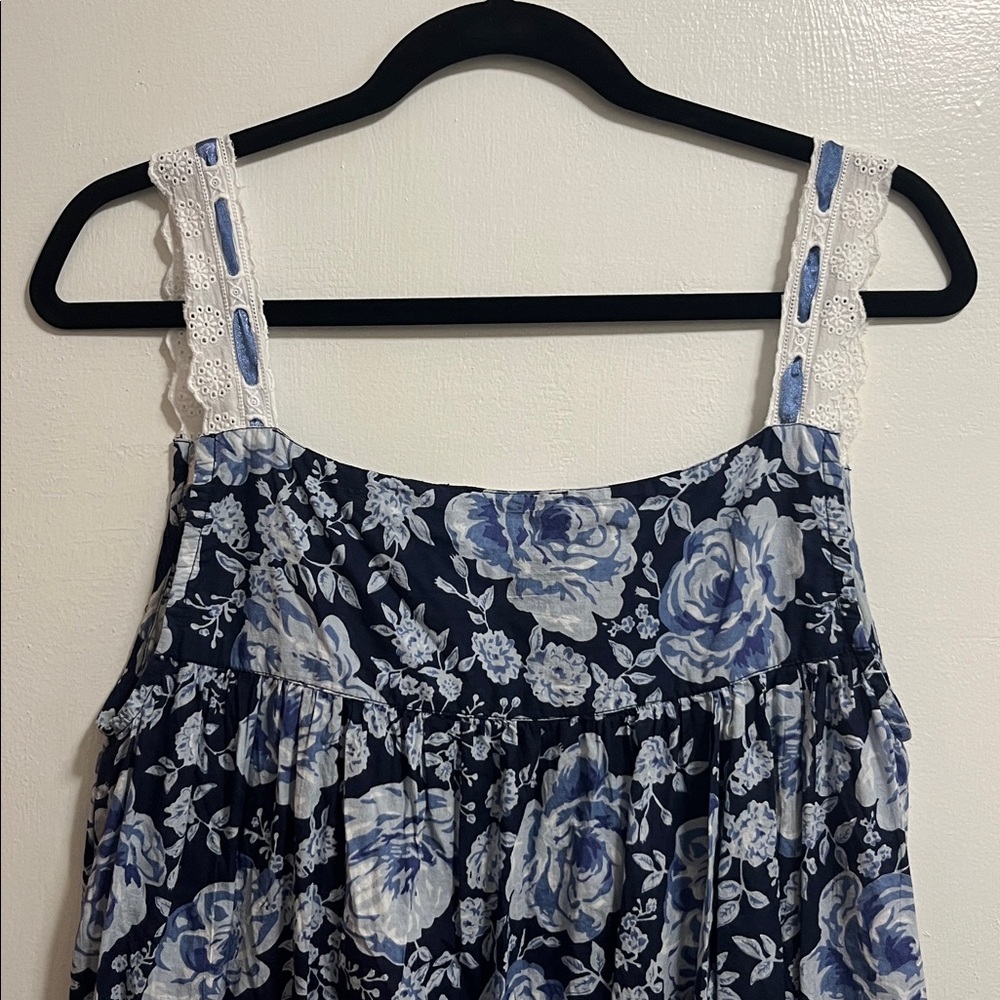 100% Cotton Navy Blue Floral Nightgown Nightdress with Ribbon and Lace Details - Picture 6 of 6